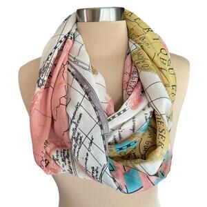 BDG World Map Print Chiffon Infinity Scarf Cream Pink Yellow All-Season Colorful
